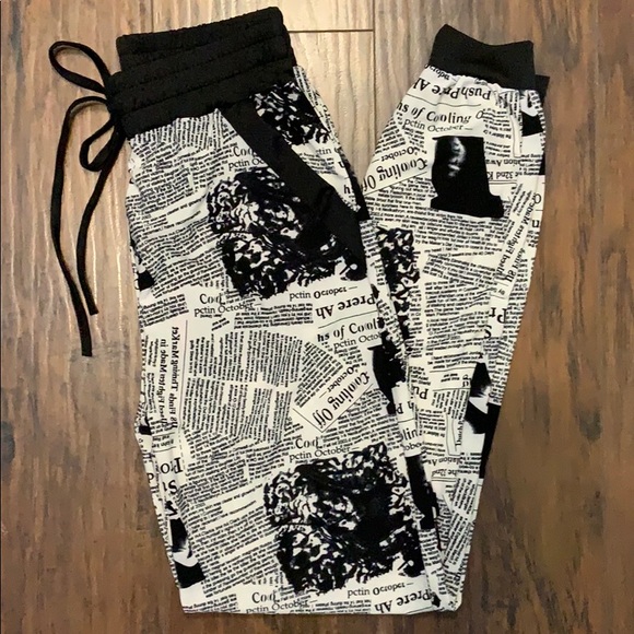 Pants - News Print Pants w/ Pockets & Cinched Ankles